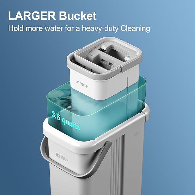 JOYMOOP Mop and Bucket with Wringer Set, Flat Squeeze Mop with Bucket (X-Large), Dust Mop for Wall Cleaner with Long Handle, Microfiber Mop - White Bucket with 3 Reusable 15" Pads