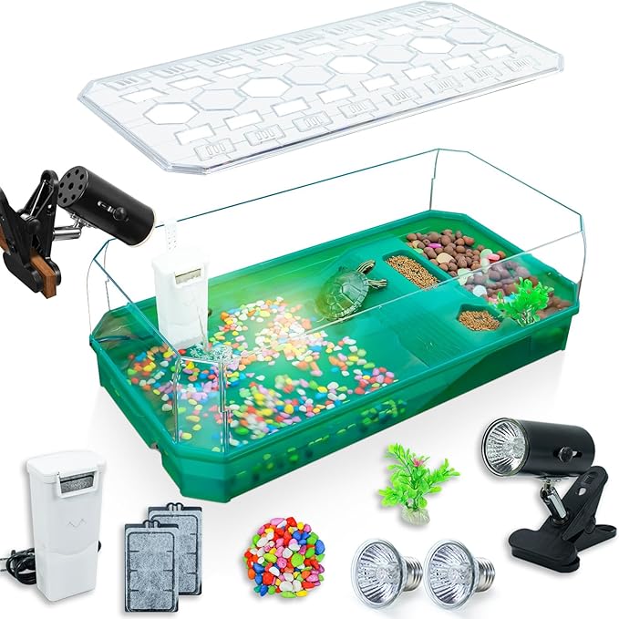 Aquatic Turtle Tank Habitat Kit Stone+Filter+Heat Lamp Enhancing Interaction with 360° Viewing, Standalone Filtration, DIY Creative Zone, Enriched Living (Green, X-Large[with Light])