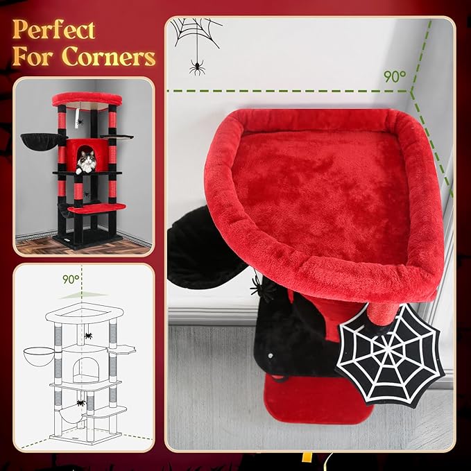 Globlazer Gothic Corner Cat Tree Tower with Scratching Post for Indoor Cats, 51inch Goth Cat Condo Tower with Large Hammock, Fan-Shaped Padded Perch, Spacious Cat Cave, Hanging Basket, C51, Red Black