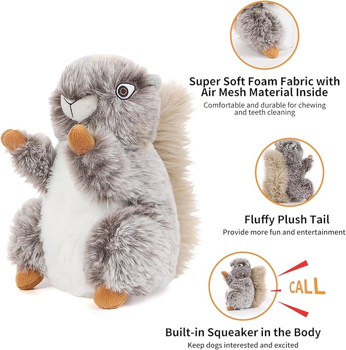 DODODOLA Dog Toys Plush Squirrel Stuffed Animals Chew Toy Soft Squeaky Gift for Small Medium Big Large Dogs Pet