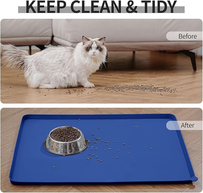 Waterproof Pet Feeding Mat with High Raised Edges, Heavier and Thicker Placemats for Cat Dog Water Bowl with BPA Free, Dogs Cats Food Mats for Messy Drinkers to Prevent Spill and Protect Floors