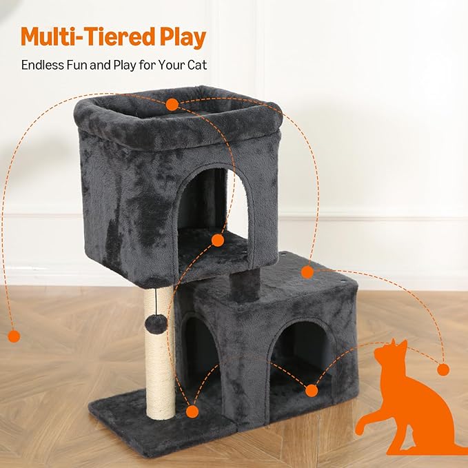 Amazon Basics 30 inch 2 Story Condo Cat Tree with Scratching Posts for Indoor Cats up to 16 lbs, Activity Center with Cozy Perch, Replaceable Hanging Pompom, Dark Gray