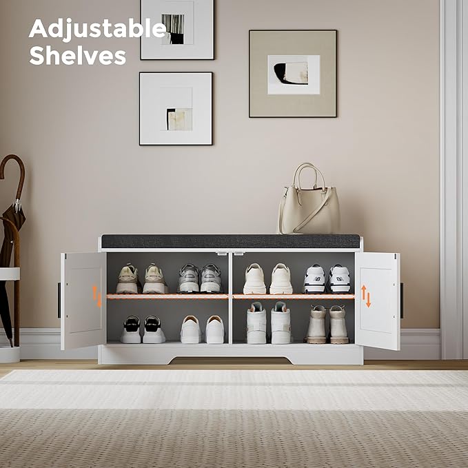 2-Tier Storage Bench, Shoe Bench with Thickened Padded Seat Cushion, Entryway Bench with 2 Doors, Adjustable Shelf, 13.8" D x 37.4" W x 18.5" H, for Entryway, Living Room, Bedroom, White