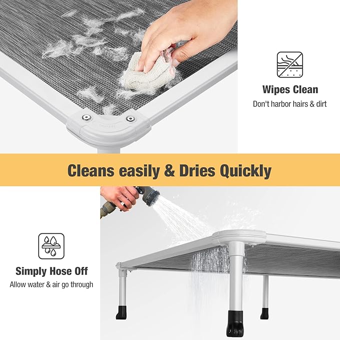Veehoo Chew Proof Elevated Dog Bed - Cooling Raised Pet Cot - Silver Aluminum Frame and Durable Textilene Mesh Fabric, Unique Designed No-Slip Feet for Indoor or Outdoor Use, Black Silver, Medium