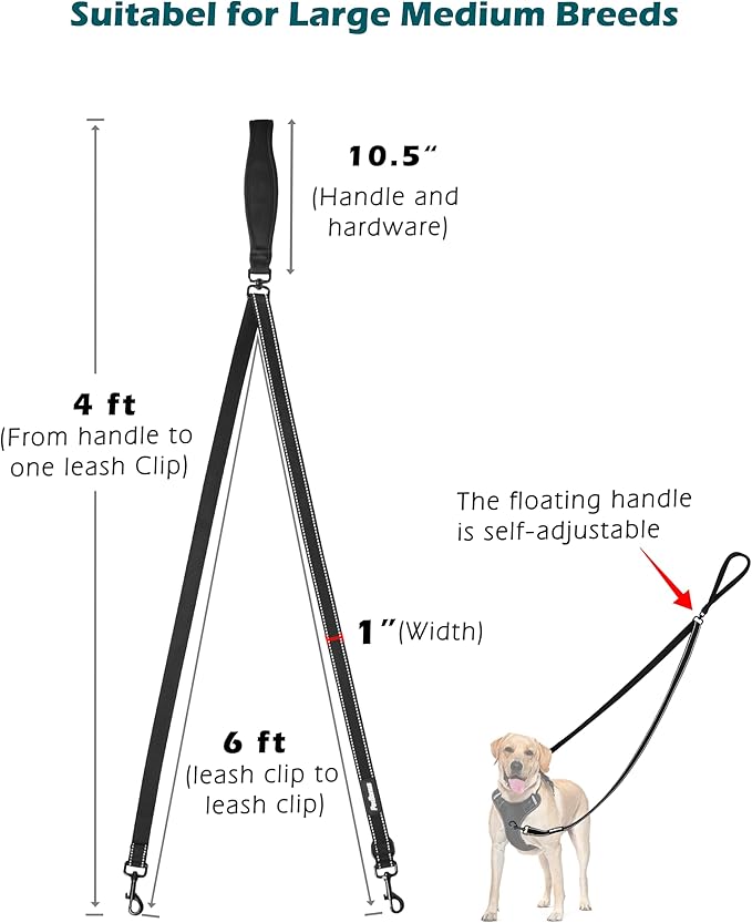 PetBonus Two Point Control Dog Leash, Works with No Pull Harnesses, No Tangle Training Leashes, Soft Padded and Reflective Walking Lead, Converts to Single Lead for Medium Large Dogs (Black)