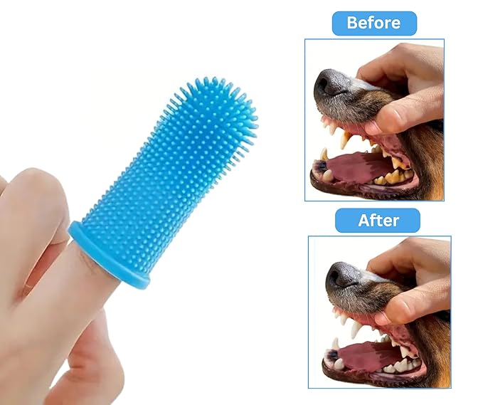 3-in 1 Dog & Cat Grooming Supplies- Self-cleaning Slicker Brush, Deshedding Rake Comb, And Finger Toothbrush For Dogs & Cats | Perfect For Pet Grooming Kit, Dematting And Dental Tool (blue)