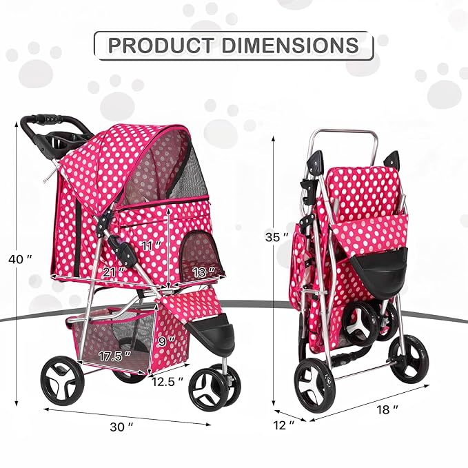 MoNiBloom 3 Wheels Pet Dog Cat Stroller for Small Medium Dogs Cats, Foldable Jogger Stroller w/Storage Basket and Cup Holder, Hot Pink Polka Dots
