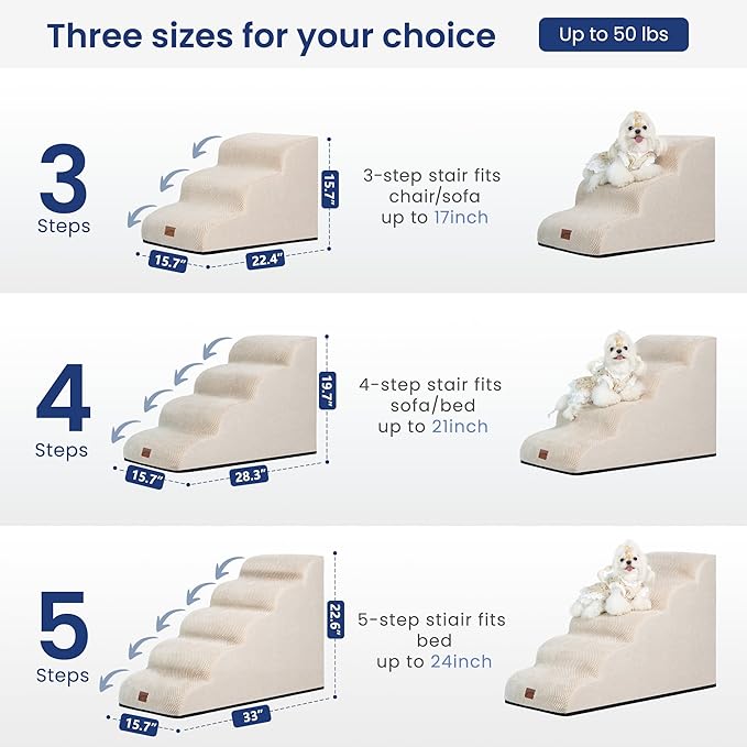 GoGoBunny Ramp Dog Stairs for High Beds 22.6" H, 5-Step Dog Slope Stairs with Durable Waterproof Fabric Cover, Pet Steps for Old Large Dogs Climbing, Non-Slip Sturdy Indoor Step, Beige