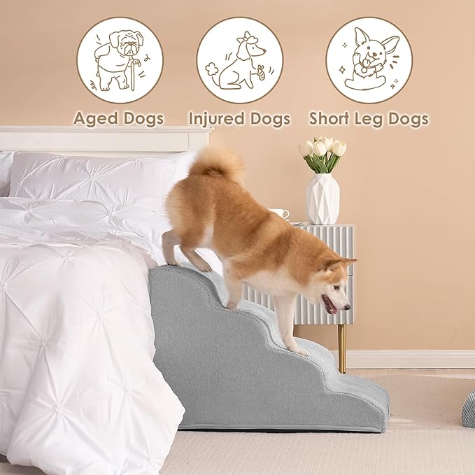 EHEYCIGA Curved Dog Stairs Ramp for High Beds 19.7" H, 4-Step Dog Steps for Small Dogs and Cats, Pet Stairs for High Bed Climbing, Non-Slip Balanced Pet Step Indoor, Light Grey