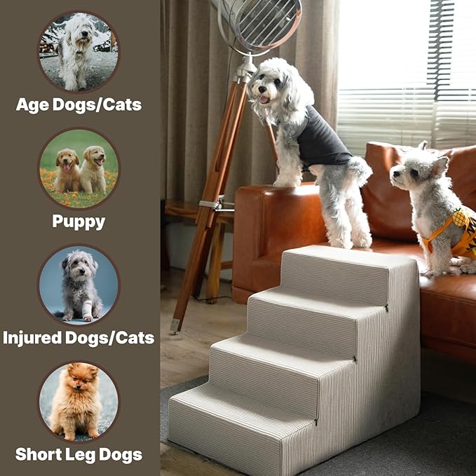 MEWANG Dog Stairs for Small & Medium Dogs and Old Cats –3/4/ 5 Steps High-Density Foam Pet Ramp for Bed & Couch, Non-Slip, Washable Cover, Grey (Square Corner, 4 Steps: 23.94''×18.27''×14.96'', 2)