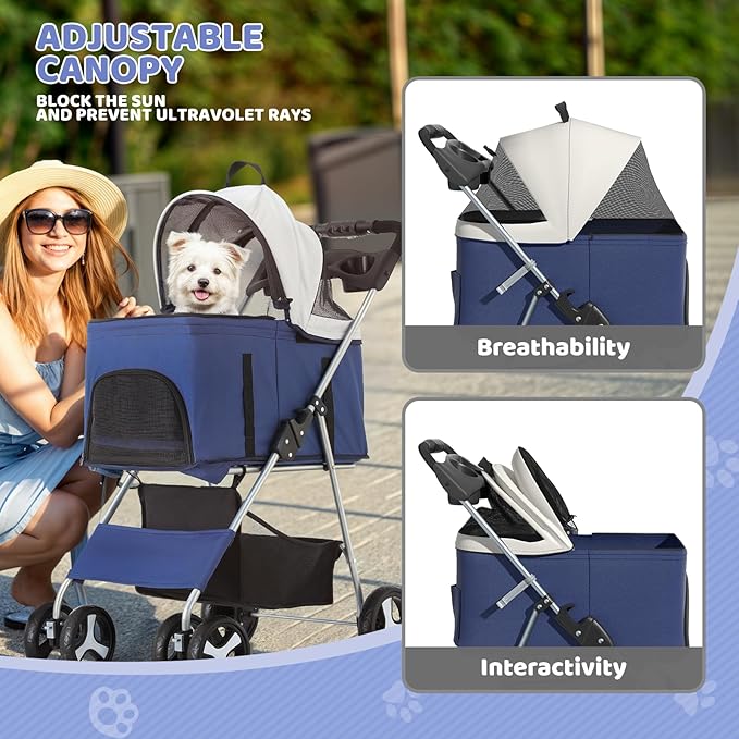 Magshion Foldable Pet Stroller, 3-in-1 Dog Travel Jogger with Detachable Carrier, Cup Holder, Storage Basket, Folding Carrier for Small/Medium Dogs & Cats Up to 33 lbs, Navy Blue