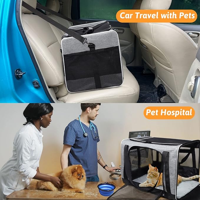 Petskd Extra Large Pet Carrier 24"x17"x17" for Large Cat or Medium Dog, Collapsible Soft Sided Dog cat Carrier for Long Trips with Lockable Safety Zippers(Grey)