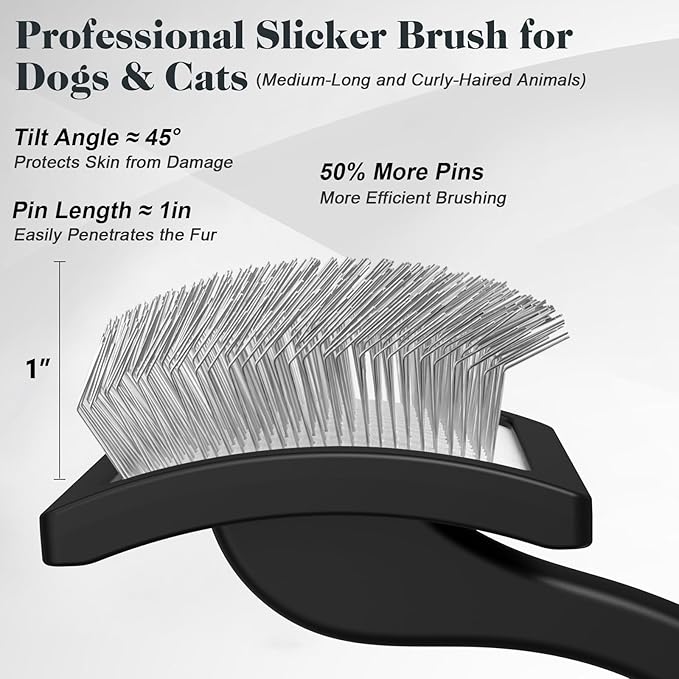2PCS Slicker Brush for Dogs & Pet Comb,Professional Dog Grooming Brush (Goldendoodles,Poodles,Labradoodles) with Extra Long Pins to Effectively Remove Tangles, Knots and Mats (Black)