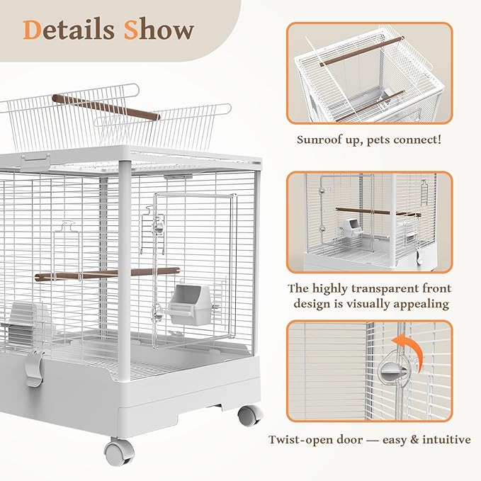 Clear View Bird Cage with Play Top, Modern Rolling Flight Cage for Parakeets, Cockatiels, Conures, Lovebirds, White Parrot Cage with 0.4" Bar Spacing, Slide-Out Tray & Accessories