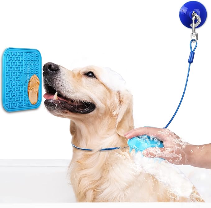 Petbobi Dog Bathing Tether with Heavy Suction Cup Lick Mat, Pet Grooming Tub Restraint Leash with Dog Scrubber for Bath, Adjustable Cat Fixed Safety Rope for Shower, Blowing, Trimming, Brushing Pet