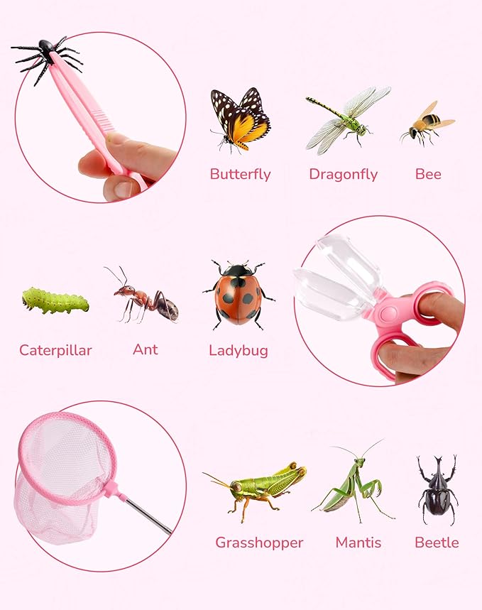 ROBUD Kids Explorer Kit, Bug Catcher Kit with Bag Kit, Pink Outdoor Exploration Set for Camping, Montessroi Toy for Kids Coming Closer to Nature，WRP28