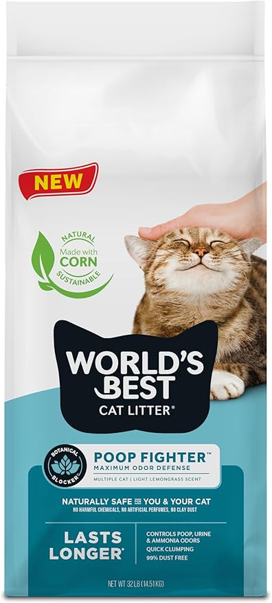 WORLD'S BEST CAT LITTER Poop Fighter Maximum Odor Defense, 32-Pounds - Natural Ingredients, Quick Clumping, Flushable, 99% Dust Free & Made in USA - Long-Lasting Odor Control & Easy Scooping