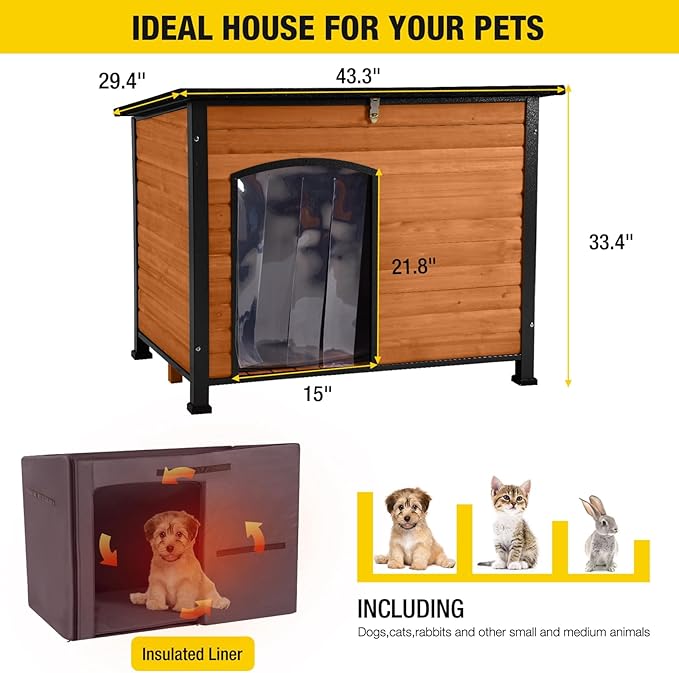 Insulated Outdoor Dog House with Liner for Winter Wooden Dog Kennel with All-Around Iron Frame,Waterproof