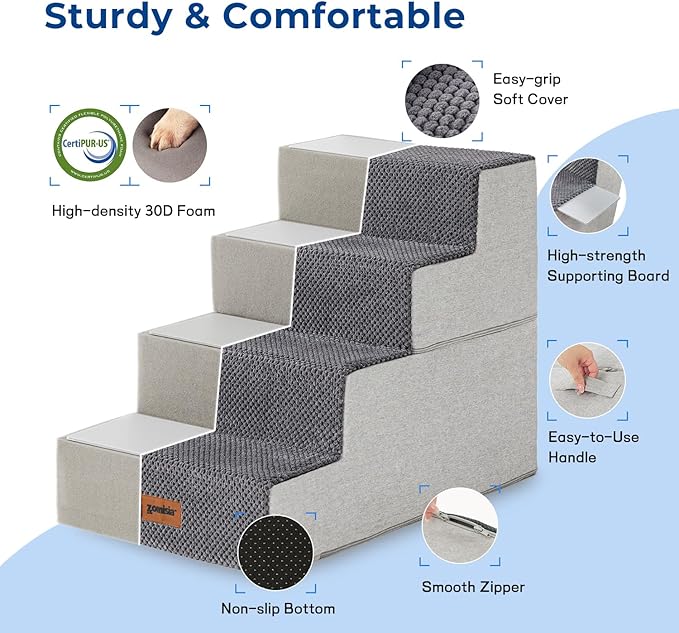 Dog Stairs for Large Dogs - Extra Wide Pet Stairs 2 in 1 with Zippers Suitable for Couch and Bed, Foam Dog Steps with Non Slip Bottom Grey 4 Steps, Grey