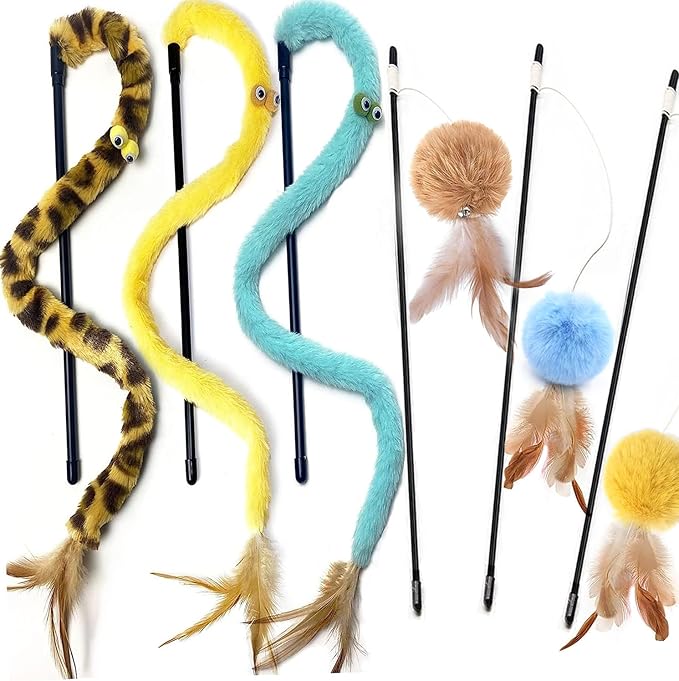 Cat Toys for Indoor Toys,Rainbow Cat Wand Toys,Feather Flips Plush Ball Cat Toys,Interactive Feather Toy for Teaser Play and Chase Exercise with Kitten 6 Pack