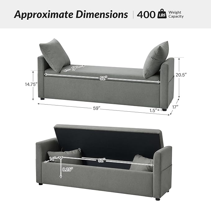 HULALA HOME Modern Storage Ottoman Bench with Throw Pillows, 59" Extra Long End of Bed Bench with Storage Pocket, Comfy Upholstered Footstool for Bedroom Entryway Living Room, Charcoal