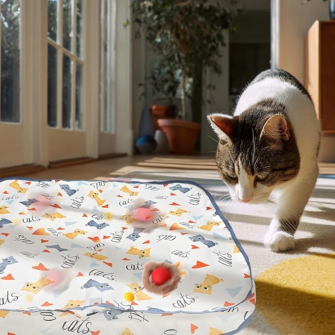Rocfish Interactive Cat Toys Ball - Automatic Fast Rolling Ball in Play Mat, Hide and Seek Mouse Catching Game, Low-Noise Cat Enrichment Toys in Pouch for Indoor Bored Cats (Red Toy & Square Mat)