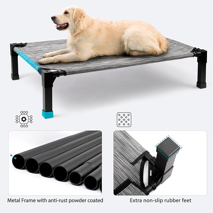 Heeyoo Elevated Dog Bed, Cooling Raised Pet Cot with Chew Proof Washable Breathable Mesh and Metal Frame, Portable Dog Cot Bed with No-Slip Feet for Outdoor or Indoor Use