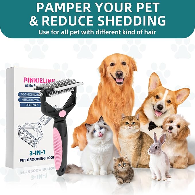 3-IN-1 Pet Grooming Tool - Undercoat Rake, Dematting Comb & Deshedding Brush for Cats & Dogs - Removes Mats, Tangles & Loose Fur, Reduces Shedding & Prevents Hair Mess (Pink)