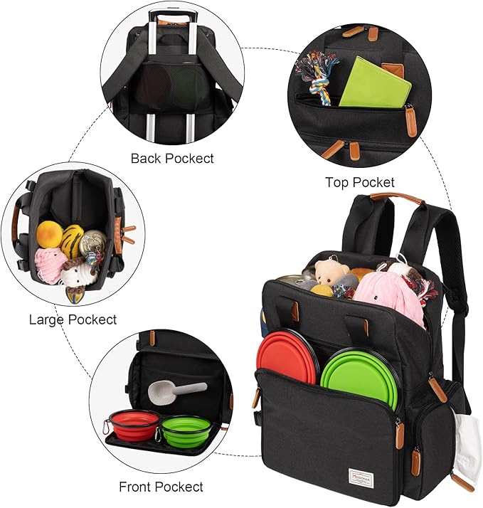 Modoker Dog Travel Bag, Airline Approved Backpack for Pet Accessories Organizer, Tote Weekend Bag with 2 Dog Food Storage Containers, 2 Collapsible Bowls, 1 Pet Mat, Black
