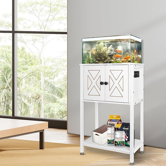 5-10 Gallon Fish Tank Stand, Heavy Duty Aquarium Stand with Cabinet & Power Outlets for Fish Tank Accessories Storage, Double Reptile Terrarium Stand 20.5" L* 11" W Tabletop, White