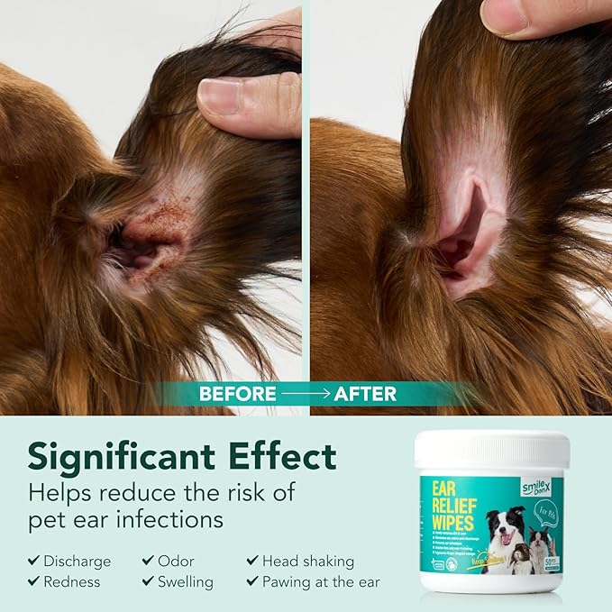 Dog Ear Cleaner Wipes - Dog Ear Infection Treatment Fast Relief from Ear Itching and Inflammation, Cat Ear Wipes Gently Remove Ear Wax Debris and Smelly (50 Pcs, Lavender)