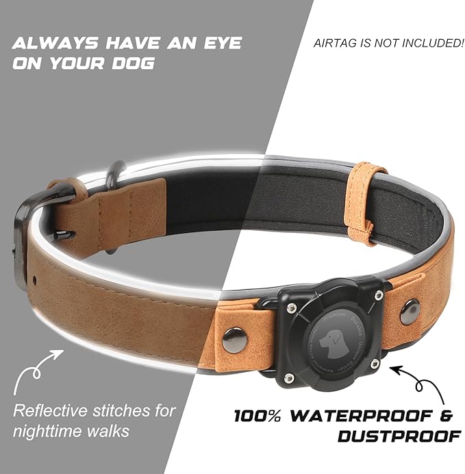 AirTag Dog Collar - Leather Dog Collar with Air Tag Holder | IPX8 Waterproof, Reflective, High - End, Adjustable Soft Padded | Dog GPS Tracker Collars Fit for Medium Large Dogs (Light Brown, XL)