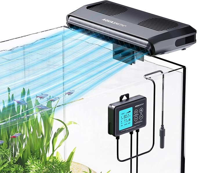 Aquarium Chiller Fan,Fish Tank Cooler with Temperature Control,Minimum Setting 59℉,Auto Start/Stop,Refrigeration Effect 5.4-9℉,3-Speed Modes,for Axolotl Seawater Freshwater Coral Grass Tank