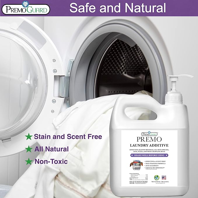 Premo Guard Bed Bug, Mite & Lice Laundry Detergent Additive 128 oz – Child & Pet Friendly – Stain & Odor Free – Best Natural Non-Toxin Treatment