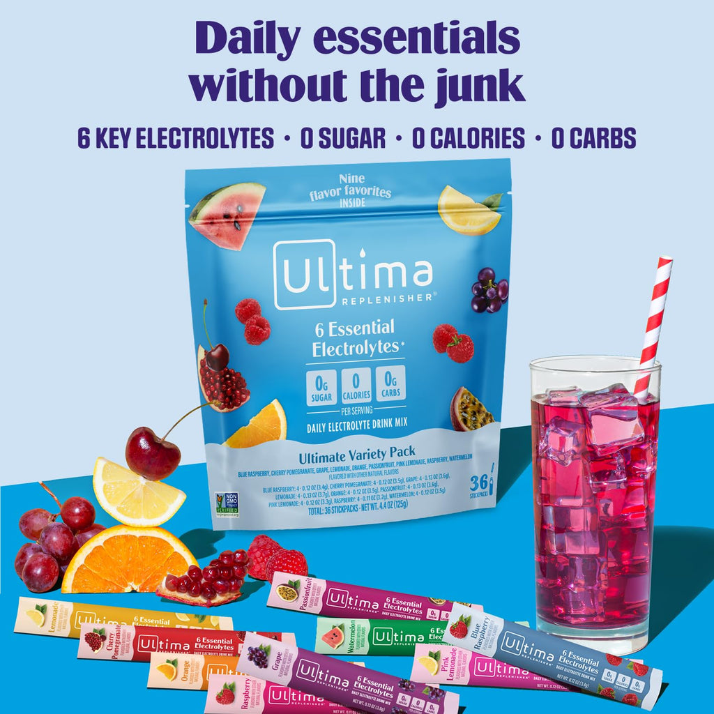 Ultima Replenisher Daily Electrolyte Powder – Original Variety Pack, 20 Stickpacks – Zero Sugar Hydration Packets with 6 Electrolytes and Minerals – Sugar Free, Plant Based & Keto Friendly Drink Mix