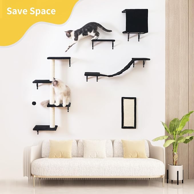 Modern Wall-Mounted Cat Furniture - 5pcs Cat Wall Shelves, Wooden Climber Includes House, Bridge, Tree, Steps, and Scratcher (Black)