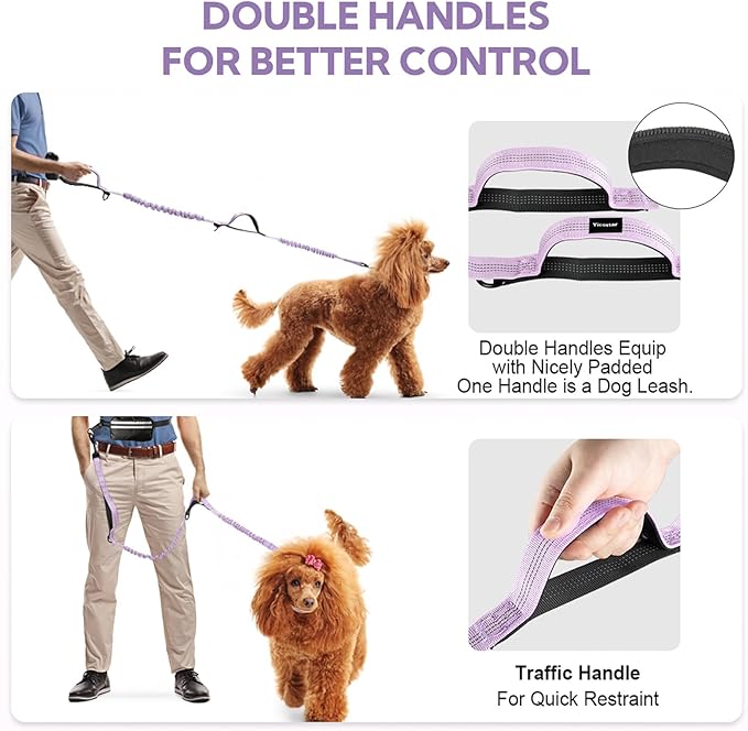 Hands Free Dog Leash, Adjustable Waist Belt with Double Padded Handles,Retractable Bungee, Waist Leash for Dog Walking,Running, No Pull,Purple
