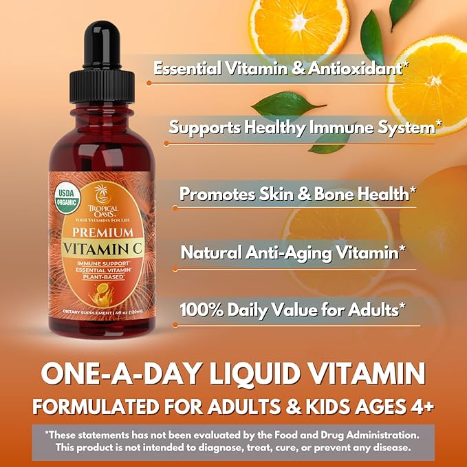 Tropical Oasis USDA Organic Liquid Vitamin C Drops for Adults & Kids | Supports Healthy Immune System | 98% Absorption Rate | Vegan | Non-GMO | Gluten Free | 60 Servings