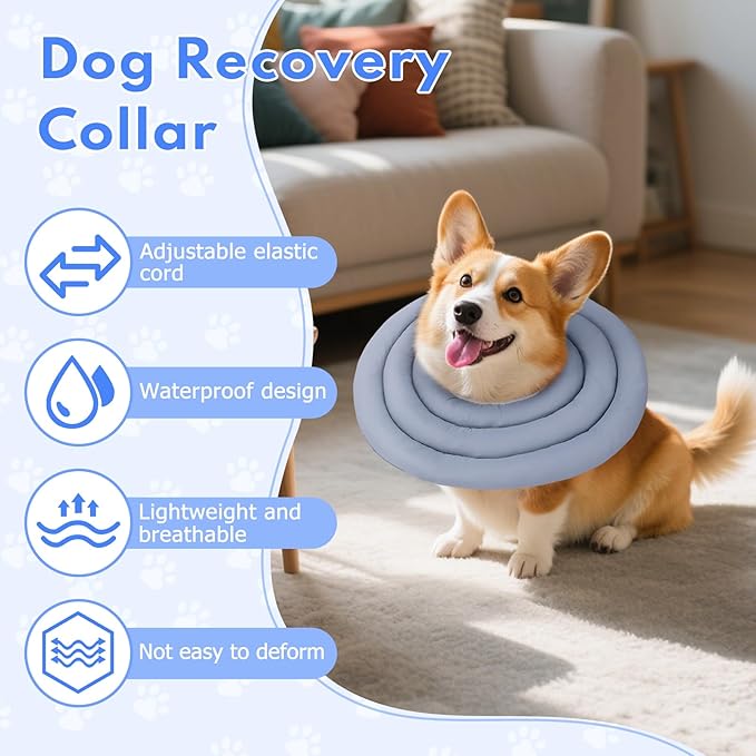 Dog Recovery Collar, Breathable Adjustable Soft Dog Cone, Waterproofing Cat Neck Cone, Pet Donut Collar After Surgery (Blue Gray, M)