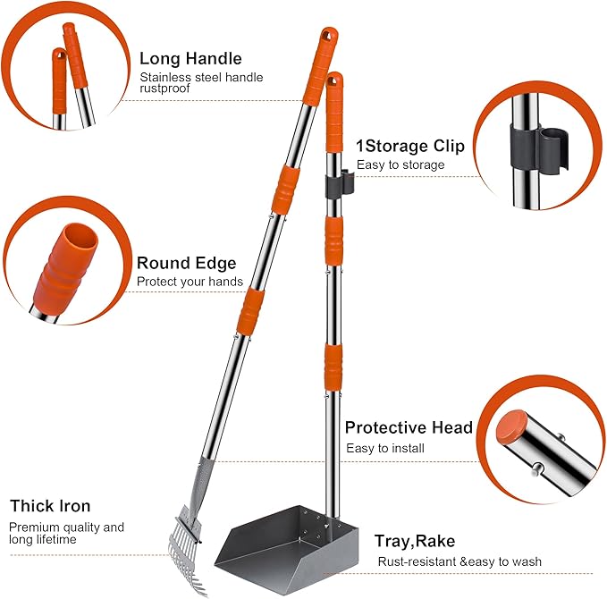 Niubya Pooper Scooper for Dogs, Metal Poop Scooper Tray and Rake Set with Adjustable Long Handle, Dog Pooper Scooper for Pet Waste Removal