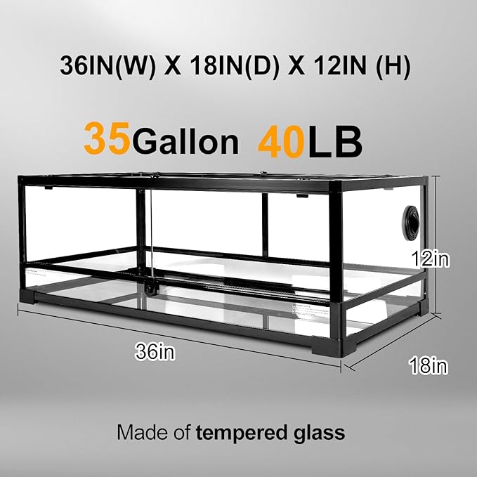 Tempered Glass Reptile Tank, 36" x 18"x 12" Front Opening Terrarium with Top Screen Ventilation & Water-Holding Bottom, 35 Gallon Reptile Enclosure for Bearded Dragon, Snake, Leopard Gecko