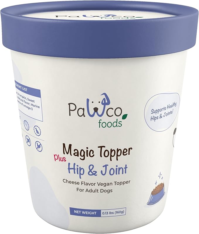 PawCo Magic Topper Hip & Joint Support - Vegan Dog Topper with Omega-3, Grain-Free Meal Enhancer for Senior Dogs, 160g