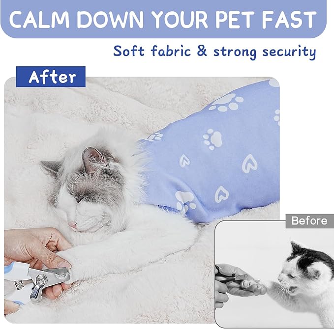 Cat Wrap for Cutting Nails, Self-Adhesive for Grooming, Anti-Scratch Cat Swaddle Wrap for Medicine, Nail Clipping, Teeth Brushing, Ear Cleaning