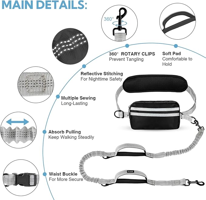 Hands Free Dog Leash, Adjustable Waist Belt with Double Padded Handles, Retractable Bungee for Medium & Large Dogs, Waist Leash for Dog Walking, Running, No Pull, Grey