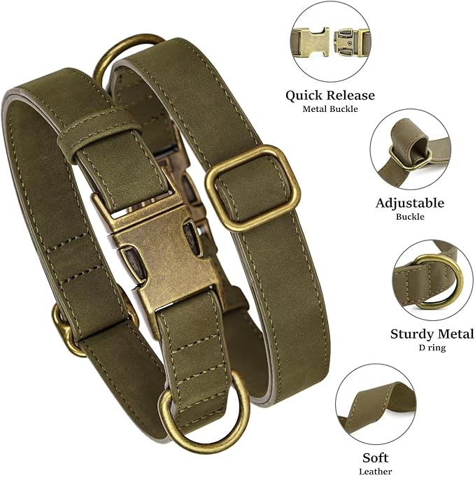 Didog Soft PU Leather Dog Collar, Stylish Quick Released Dog Collars for Small Dogs, Easy Clean Adjustable Pet Collar for Daily Walking, Dark Green, S Fit 10-16" Neck