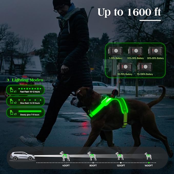 Light Up Dog Harness, Rechargeable LED Dog Harness with Battery Level Indicator, Adjustable Reflective Safety Vest for Night Walking, Soft Mesh Lighted Harness for Medium Large Dogs(5-90lbs)