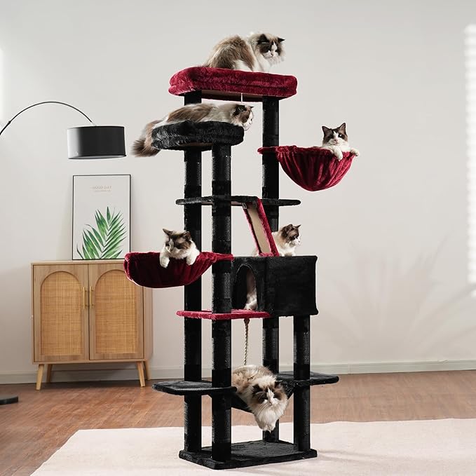 Heybly Cat Tree, 68 inch Multi-Level Cat Tower for Indoor Cats, 2 Widened Plush Perches Cat Condo with Scratching Board and Big Caves, Black and Red HCT025BR