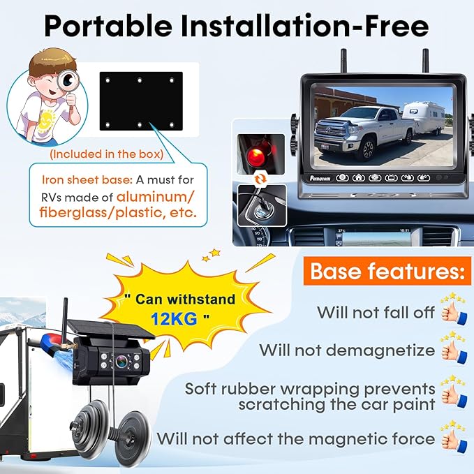 RV Backup Camera with Solar Magnetic: Long Distance No Signal Delay, 7 Inch Touch Key Monitor with Recording, HD 1080P Wireless Backup Camera for Trailer, 5th Wheel, Camper