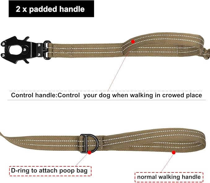ICEFANG Tactical Dog Leash,K9 Training Walking Bungee Lead with 2 Control Handle,Heavy Duty Quick Release Metal Clasp,Hands Free D-Ring for Medium Large Dogs (6ft,Reflective Brown)