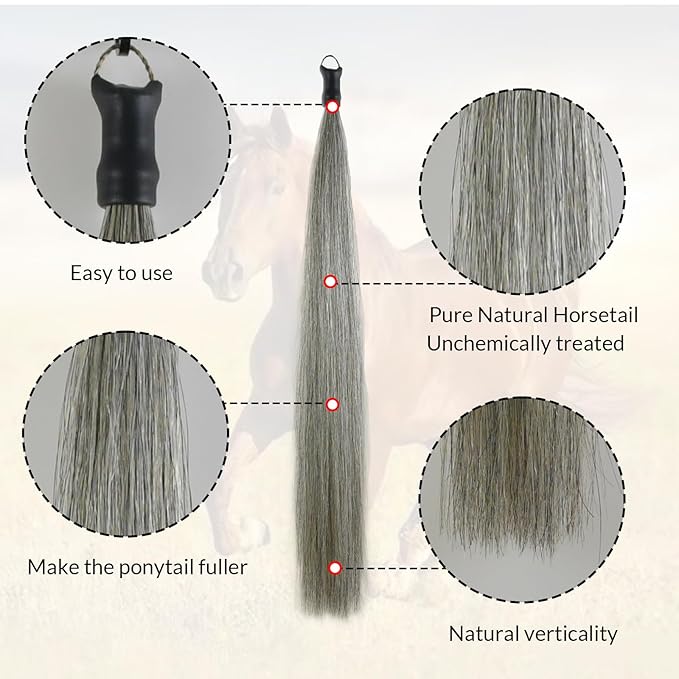 Horse Tail Extension with Braided Horsehair Loop, Blunt Cut Bottom, 3/8 lb, 28-30 inches (Medium gray)